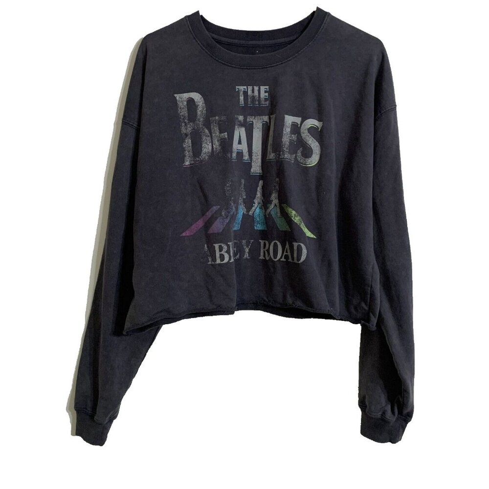 Beatles Gray Cropped Sweatshirt Long Slv Rock Music Blouse Short Shirt Top Large